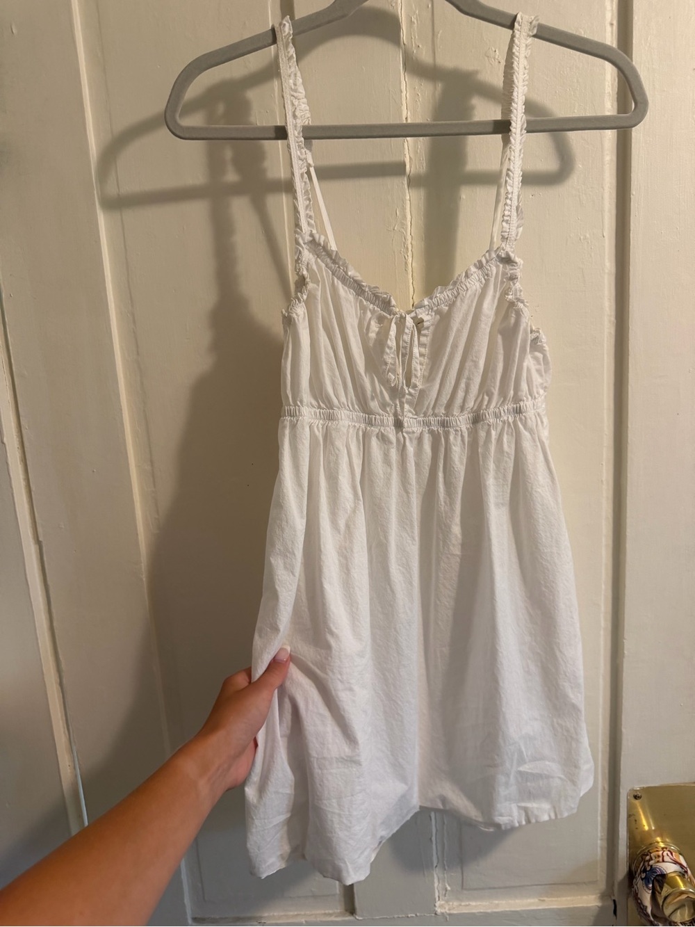 aerie White Cotton Spaghetti-Strap Chemise with Ruffle Trim